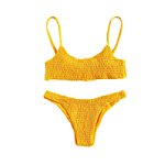 SweatyRocks Women's Sexy Bathing Suit Solid Color Halter Shirred Bikini Swimsuit Yellow L