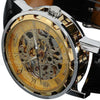 Classic Men's Gold Dial Skeleton Black Leather Mechanical Sport Army Wrist Watch