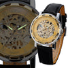 Classic Men's Gold Dial Skeleton Black Leather Mechanical Sport Army Wrist Watch