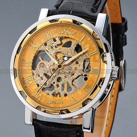 Classic Men's Gold Dial Skeleton Black Leather Mechanical Sport Army Wrist Watch