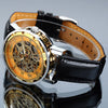 Classic Men's Gold Dial Skeleton Black Leather Mechanical Sport Army Wrist Watch