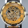 Classic Men's Gold Dial Skeleton Black Leather Mechanical Sport Army Wrist Watch